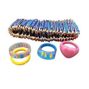 Retro Blue Beaded Safety Pin Bracelet & 4 Colorful Chunky Resin Rings Bundle